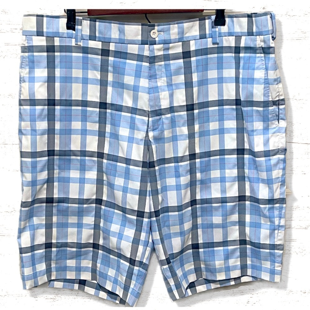 Nike Golf Mens Plaid Flat Front Shorts White/Blue/Black Dri-Fit Size 40